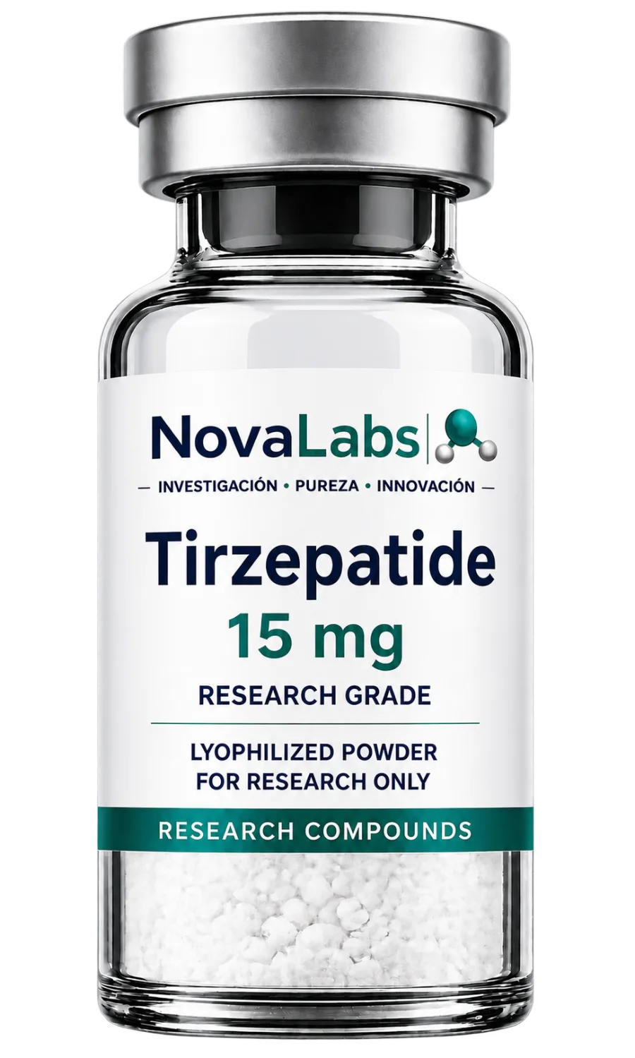 Vial de Tirzepatide 15 mg NovaLabs, polvo liofilizado